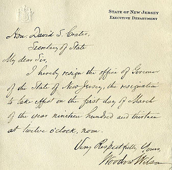 Woodrow Wilson resignation letter March 1, 1913