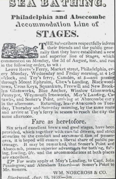 Stage coach ad Absecon-Philadelphia 1830s